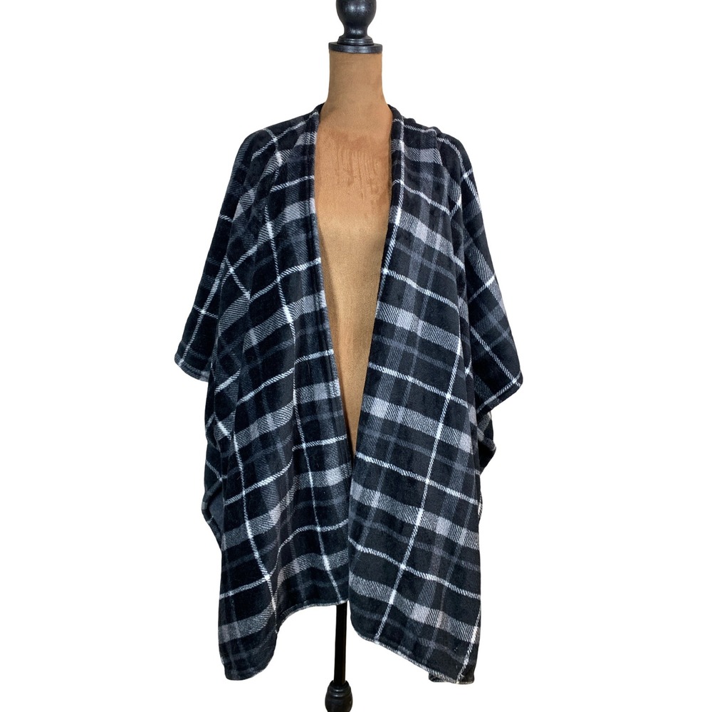 Cuddl Duds Womens Plaid Fleece Wrap Shawl Open Front Poncho 1X 2X Cozy Soft Warm